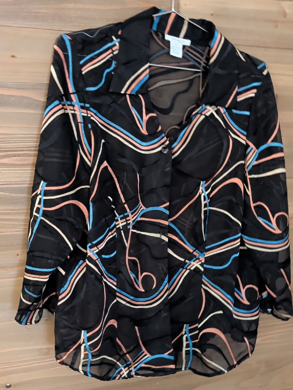 Dressbarn Black Shear Blouse with Blue, Peach and Cream Abstract Stripes   1X
